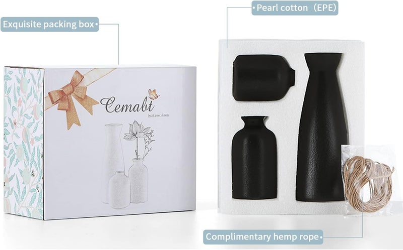 CEMABT Black Ceramic vase Set-3 Small Flower vases for Decor,Modern Boho Farmhouse Home Decor,Decorative vase for Pampas Grass&Dried Flowers,idea Shelf,Table,Bookshelf ，Entryway- Distressed - Image 4